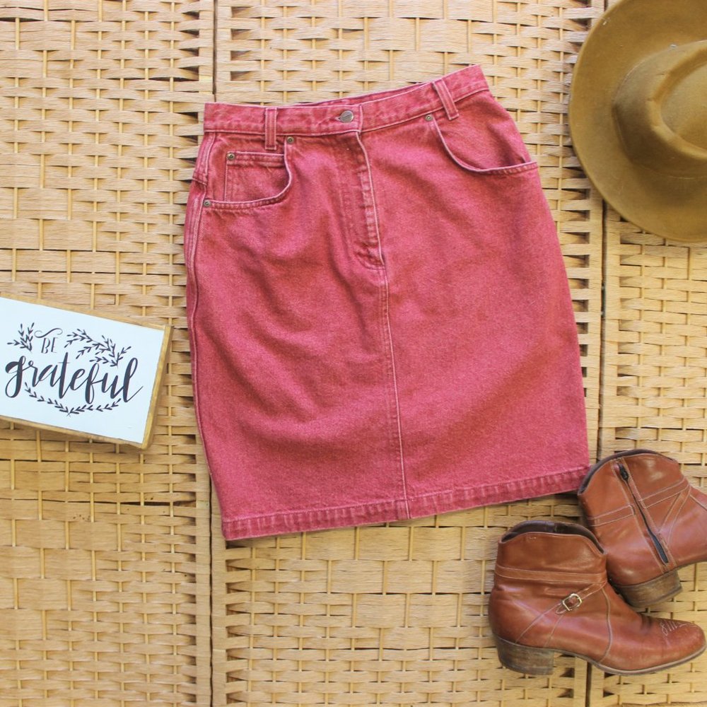 Vintage Faded Red Denim Skirt | 28" W |